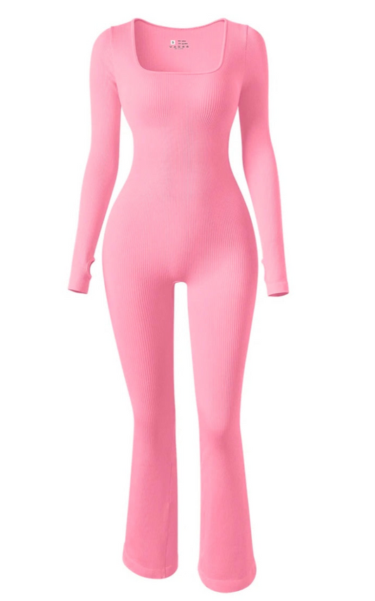 Compressive Flare Jumpsuit- Light Pink